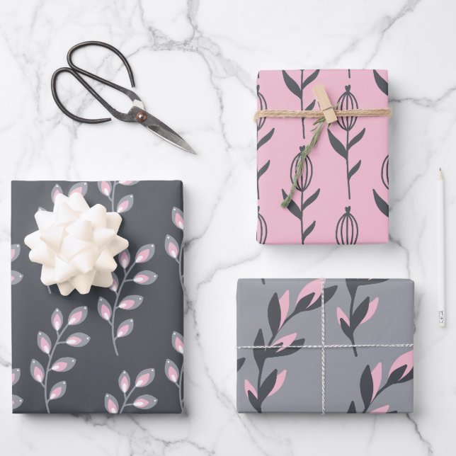 Feuilles d'emballage florales grises et roses (Recto)