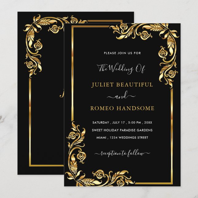 Feuilles d'or encadré Faire-part de mariage Noir O (Devant / Derrière)