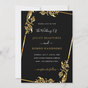 Feuilles d'or encadré Faire-part de mariage Noir O