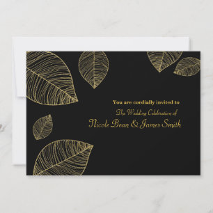 Feuilles d'or sur Black Elegant Wedding Invitation