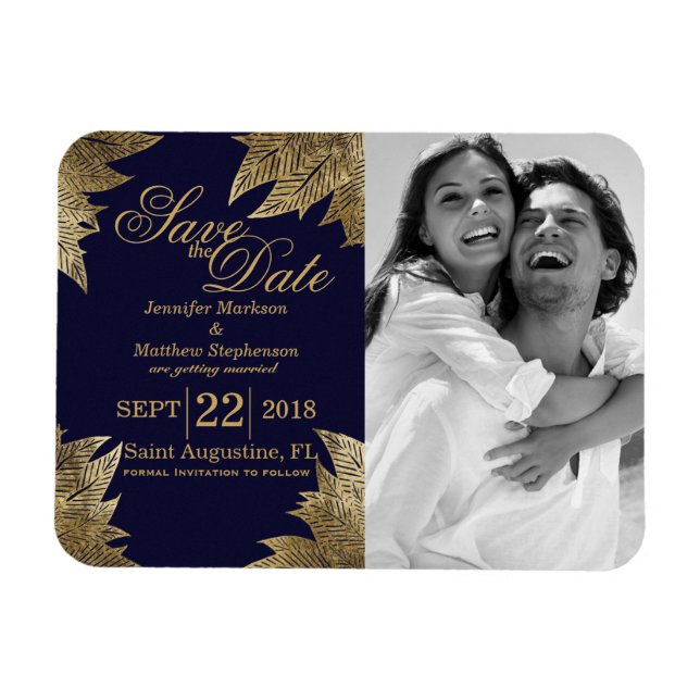 Feuilles d'or sur le Magnet Réservez la date bleu  (Horizontal)