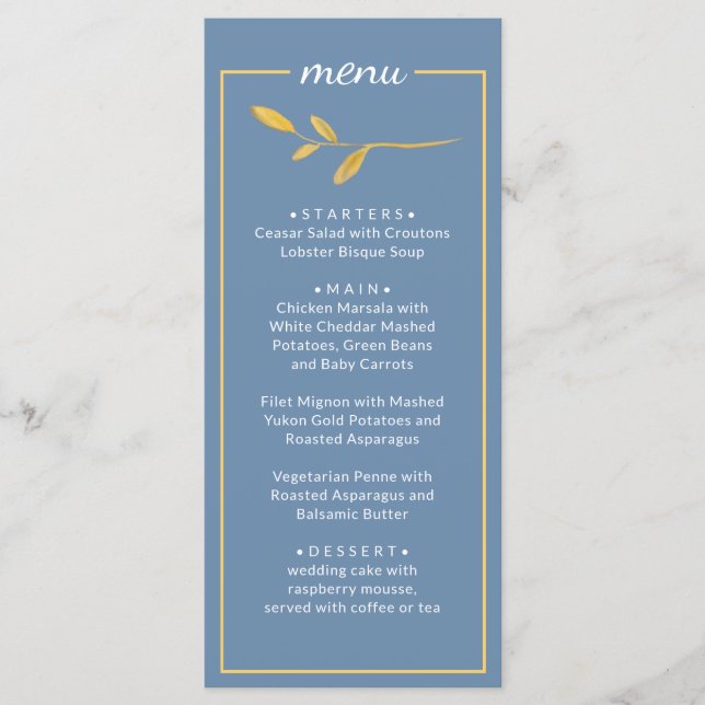 Feuilles élégants. Menu Mariage bleu classique sim (Devant)