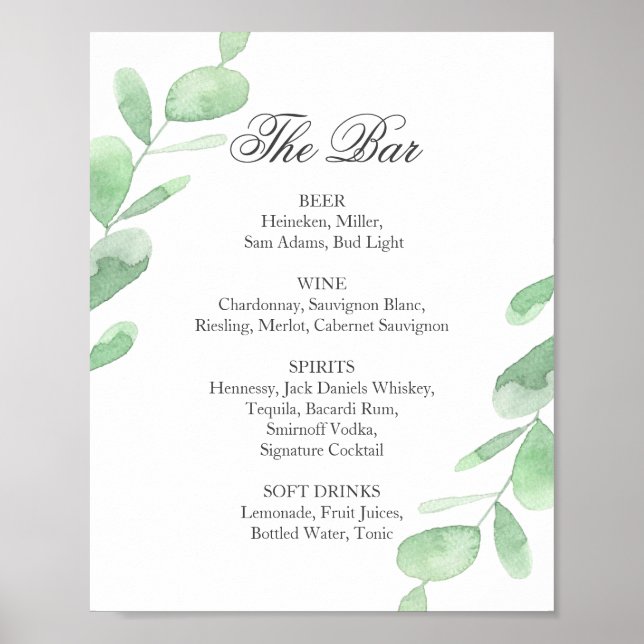 Feuilles eucalyptus. Poster du menu du bar mariage (Devant)