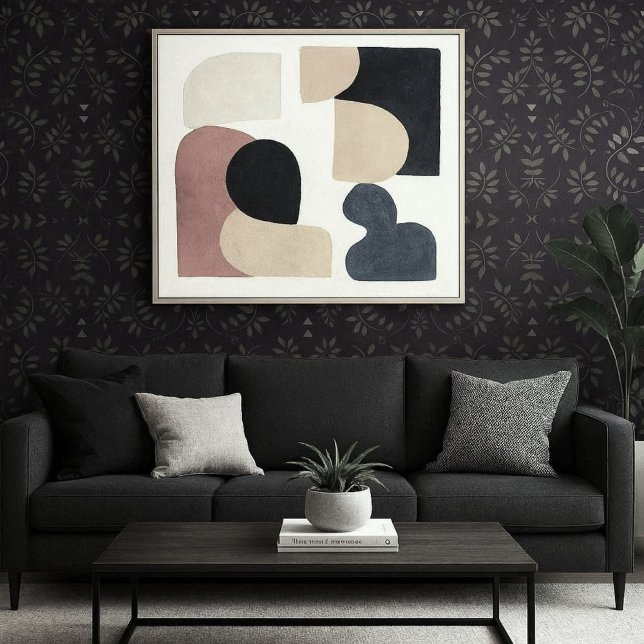 Feuilles gris Abstraits sur papier peint violet (Modern room with dark purple with leaf print wallpaper )
