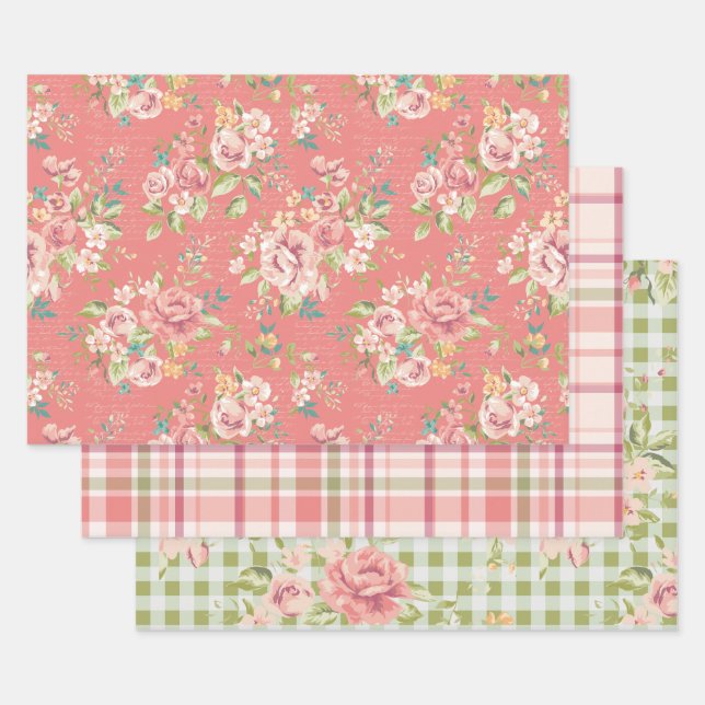 Feuilles papier d'emballage à motifs floraux rose  (Lot)