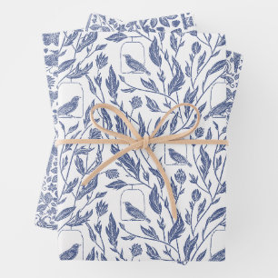 Feuilles papier d'emballage bleu et oiseaux