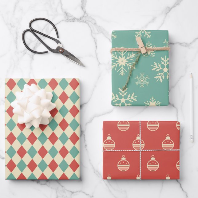 Feuilles papier d'enveloppement de Noël trio rétro (Recto)