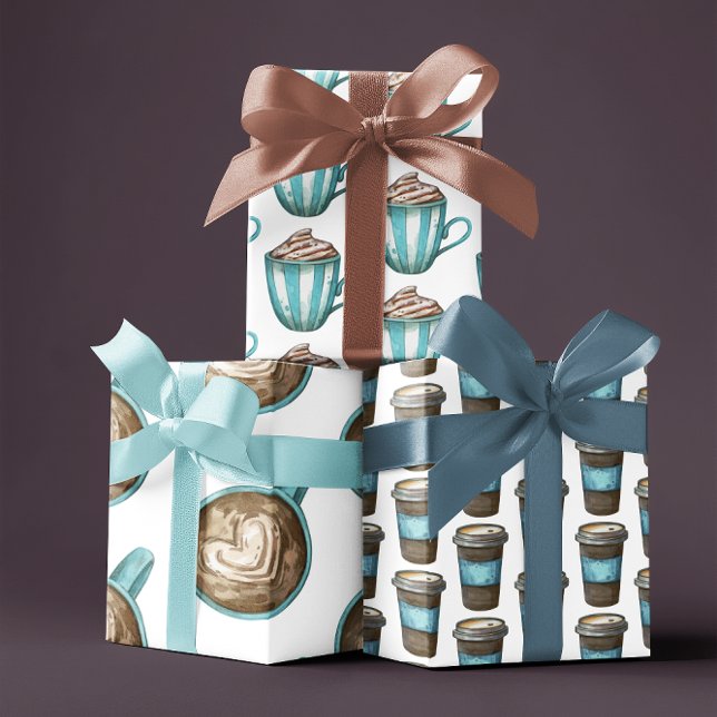 Feuilles papier d'enveloppement en latte de café (Celebrate a special coffee lover with this fun watercolor latte wrapping paper set! )