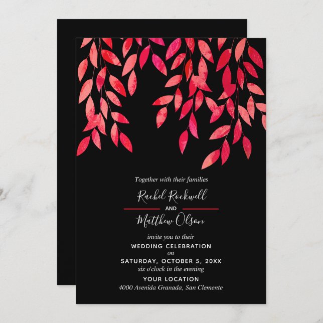 Feuilles roses chauds sur les invitations noires d (Devant / Derrière)