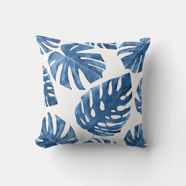 Feuilles Tropical Blue White Palm Coussin extérieu (Recto)