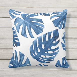 Feuilles Tropical Blue White Palm Coussin extérieu