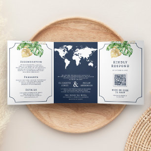 Feuilles Tropicales Carte du Monde Navy Tout en Un