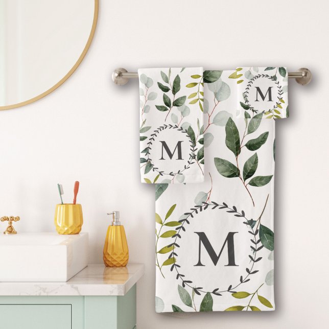 Feuilles tropicaux de l'Eucalyptus vert monogramme (In situ bathroom wall)