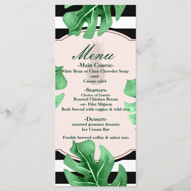 Feuilles tropicaux et ananas menu mariage élégant (Devant)