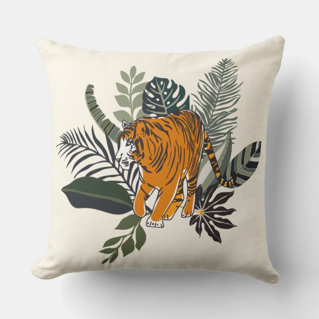 Feuilles tropicaux et Coussin d'accents de tigre (Recto)
