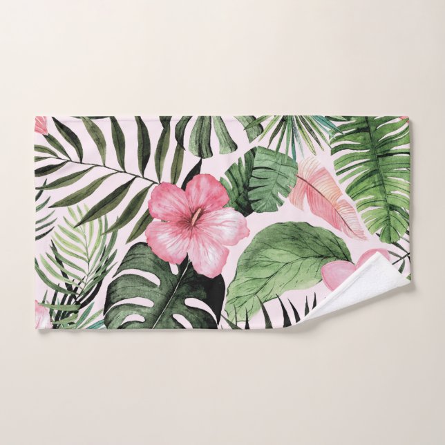 Feuilles tropicaux et fleurs en rose (Serviette à main)