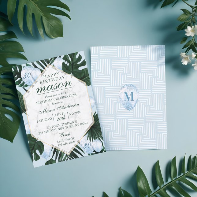 Feuilles tropicaux Marbre Bleu Invitation Annivers (Tropical Leaves Marble Blue Birthday Invitation)