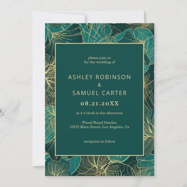 Feuilles Vert Bleu Avec Faire-part de mariage Or (Devant)