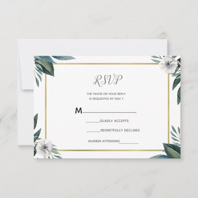 Feuilles verts blancs Anéone Floral RSVP Réponse (Devant)