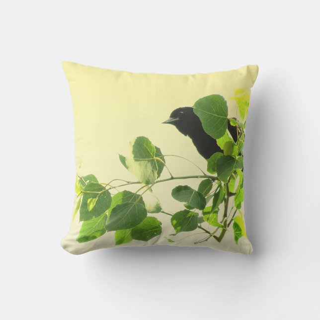 Feuilles verts d'oiseaux noirs sur Coussin extérie (Recto)