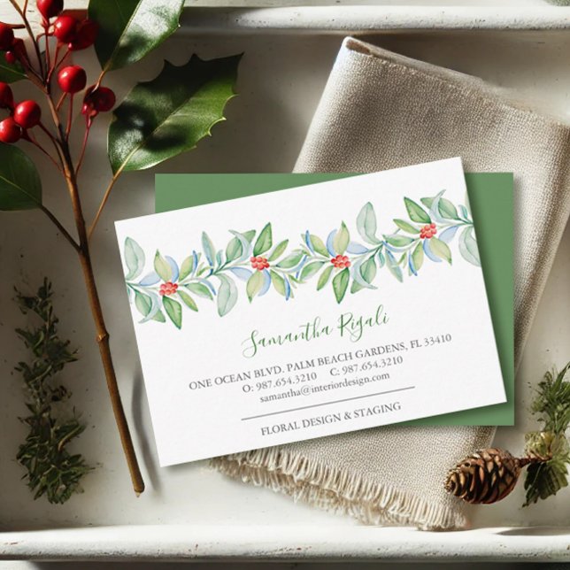 Feuilles verts et Cartes de visite de baies rouges (Christmas business cards watercolor red and green botanicals by Victoria Grigaliunas VG Invites)