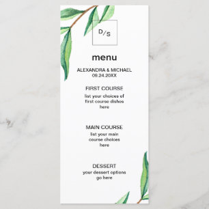 Feuilles verts minimalistes sur le menu Mariage bl