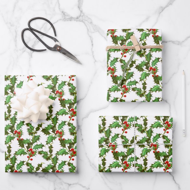 Feuillets de papier à enveloppement Holly de Noël (Recto)