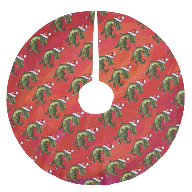 Fextive TRex Dino Pattern on Red Brushed Polyester Tree Skirt (Front)