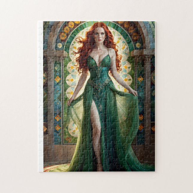 fey woman with flowing red hair and green eyes dre jigsaw puzzle (Vertical)