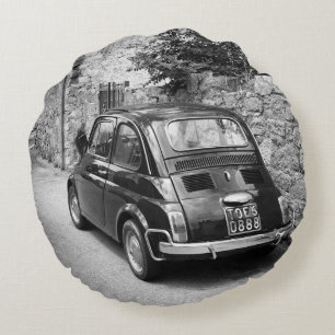 FIAT 500 car in black and white Round Pillow