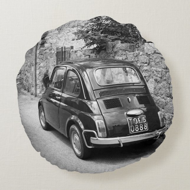 FIAT 500 car in black and white Round Pillow (Back)