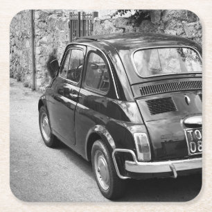 FIAT 500 car in black and white Square Paper Coaster