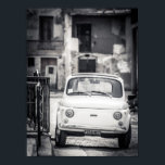 Fiat 500, Cinquecento, in Italy Poster<br><div class="desc">A classic black and white shot of a Fiat 500,  cinquecento,  taken in central Italy. An iconic classic retro design. Fiat 500, Fiat, 500, Cinquecento, Rome, Italy, Car, Classic, Black and White</div>