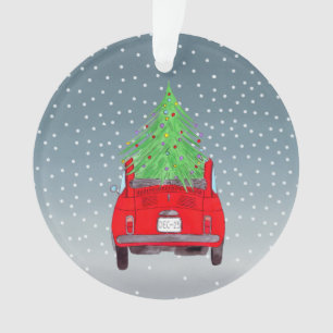 Fiat 500 with Christmas Tree Watercolor Ornament