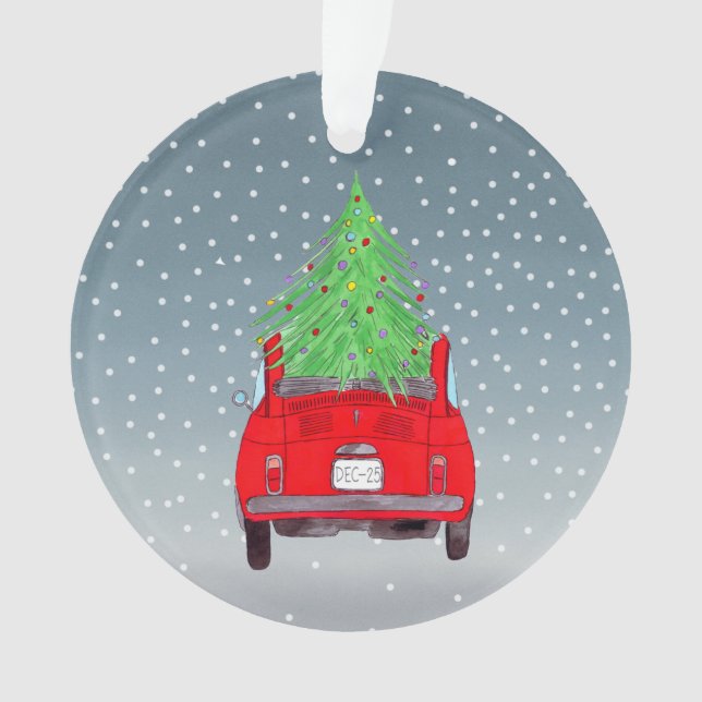 Fiat 500 with Christmas Tree Watercolor Ornament (Front)