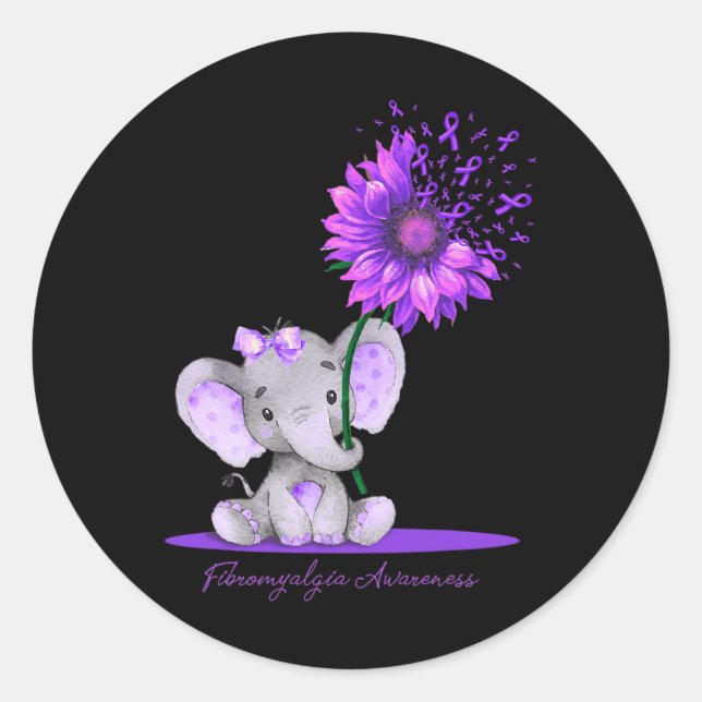 FIBROMYALGIA AWARENESS Cute Elephant Sunflower Pur Classic Round Sticker (Front)