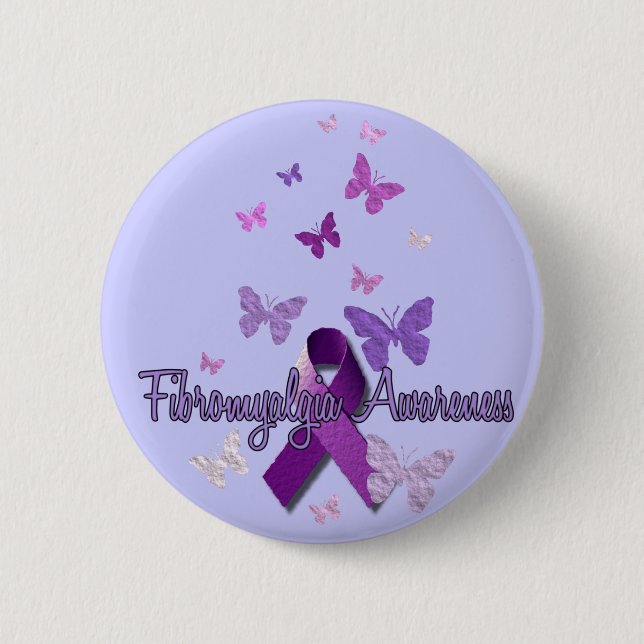 Fibromyalgia Awareness (ribbon & butterflies) 2 Inch Round Button (Front)