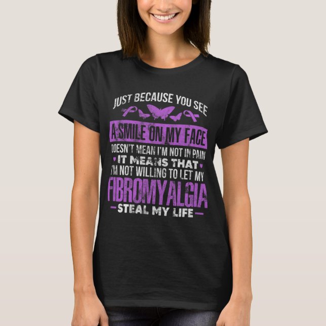 Fibromyalgia Fibro Warrior Purple Ribbon Butterfly T-Shirt (Front)