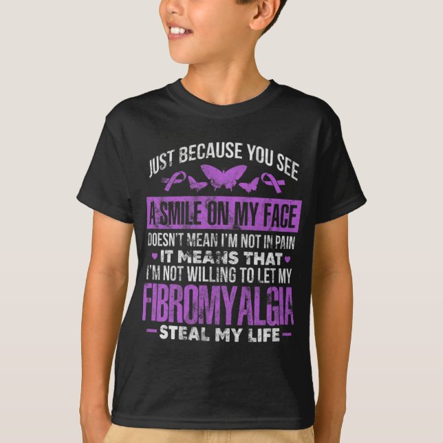 Fibromyalgia Fibro Warrior Purple Ribbon Butterfly T-Shirt (Front)