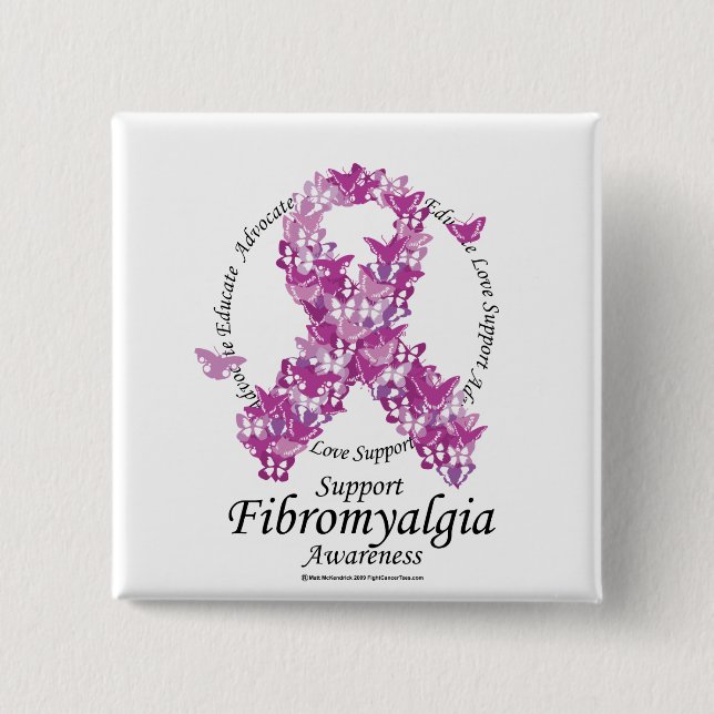 Fibromyalgia Ribbon of Butterflies 2 Inch Square Button (Front)