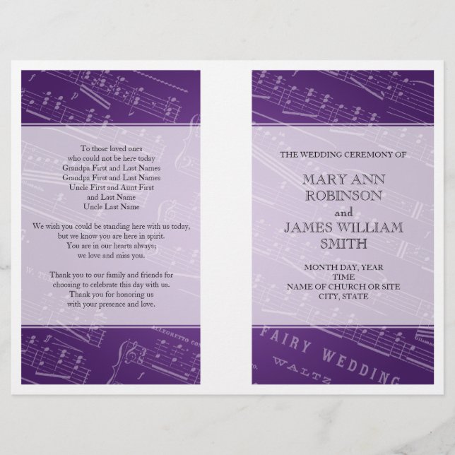 Fiche du programme de mariage Musique violet (Devant)