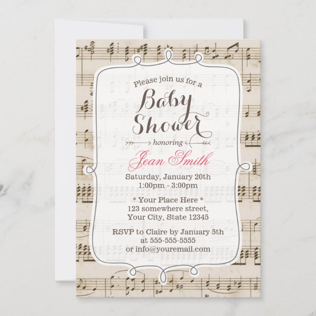 Fiche vintage Musique Baby Shower Invitations (Devant)