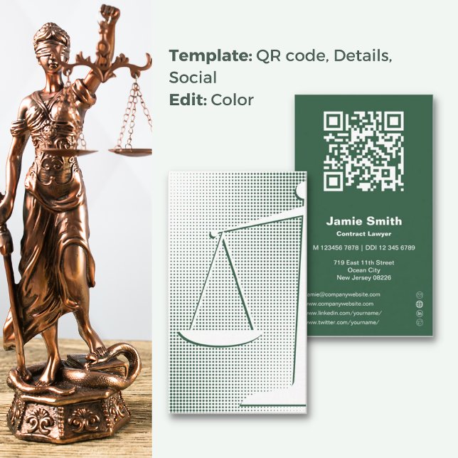 Fidélité Carte de visite d'avocat du contrat vert (Green Contract Lawyer Business Card, Balance Symbol Halftone Design, QR code, Social Icons)