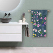 Field flowers, hand-painted in watercolour on blue