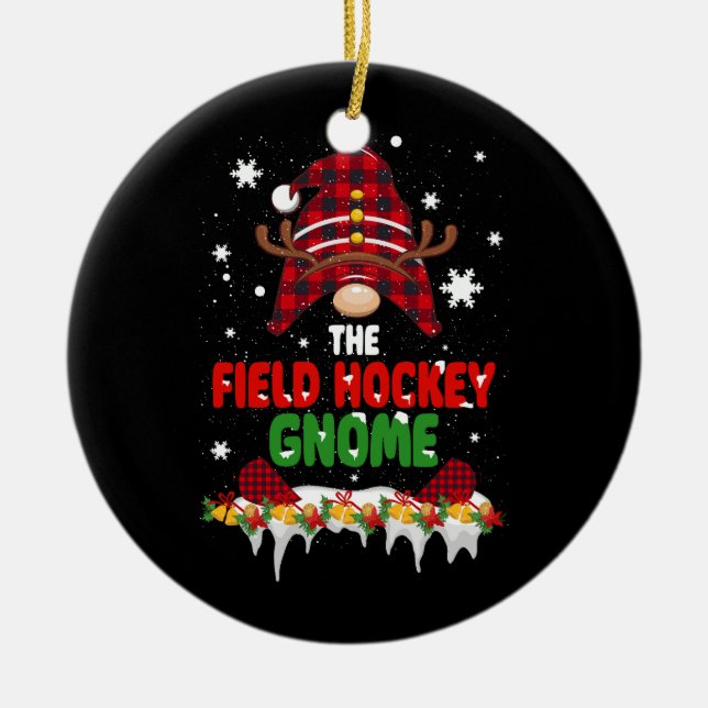 Field Hockey Gnome Buffalo Plaid Matching Family C Ceramic Ornament (Front)