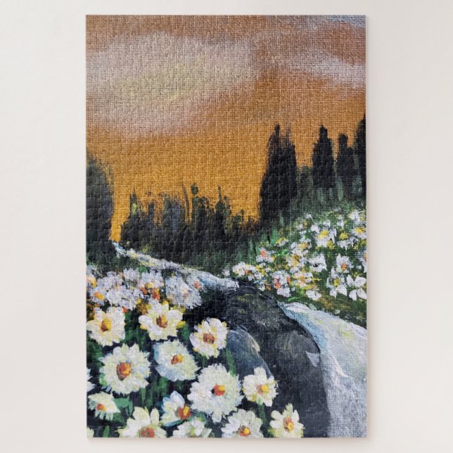 Field of daisies amid rushing river jigsaw puzzle (Vertical)