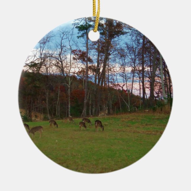 Field of Deer & a Pink SunSet Ceramic Ornament (Front)