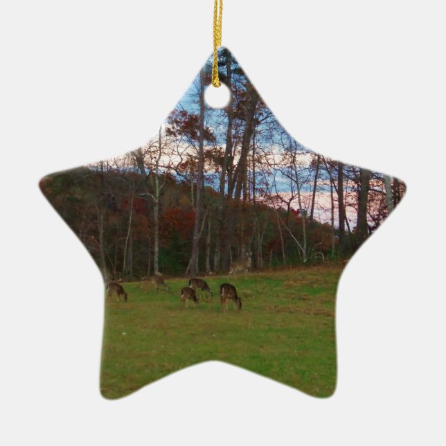 Field of Deer & a Pink SunSet Ceramic Ornament (Front)
