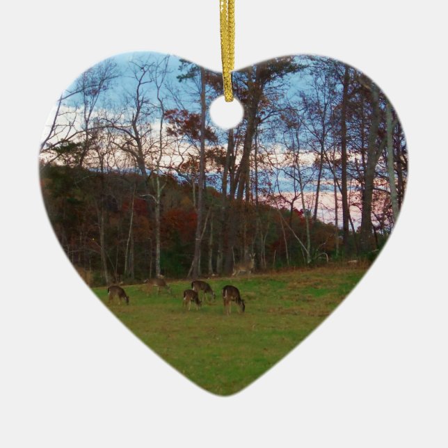 Field of Deer & a Pink SunSet Ceramic Ornament (Front)