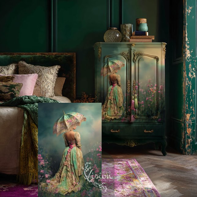 Field of Dreams, Portrait & Parasol, Emerald Green Tissue Paper (Field of dreams, Elegant Woman, portrait Parasol, Dark Emerald Green, Pink Lime highlights Decoupage)